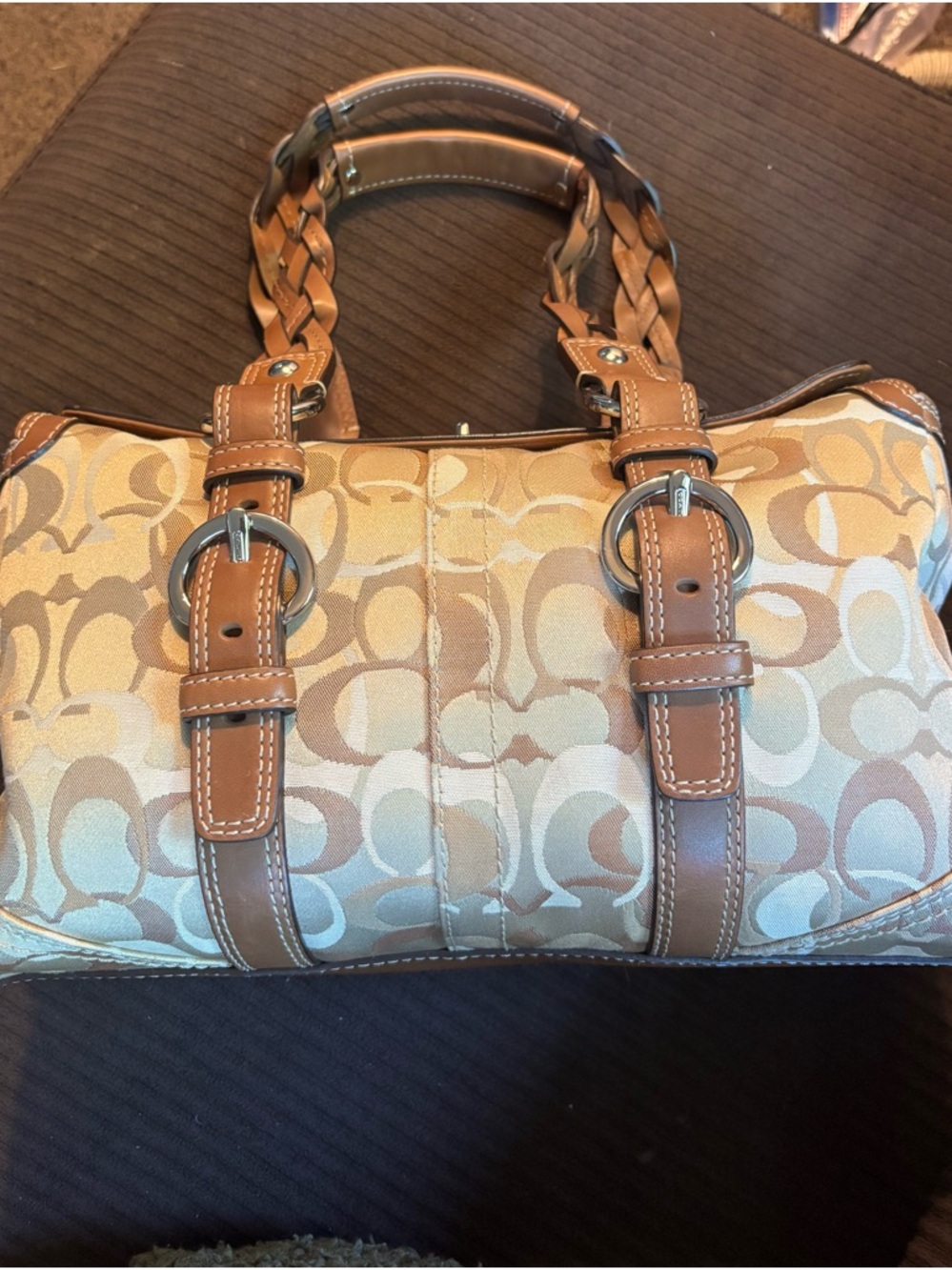Coach Signature Canvas Shoulder Bag in Tan and Khaki with Leather Trim